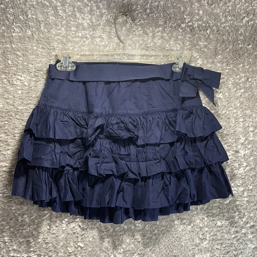 Ralph Lauren Girls Navy Tiered Pull On Ruffle Skirt Belted Sz 12 Preppy